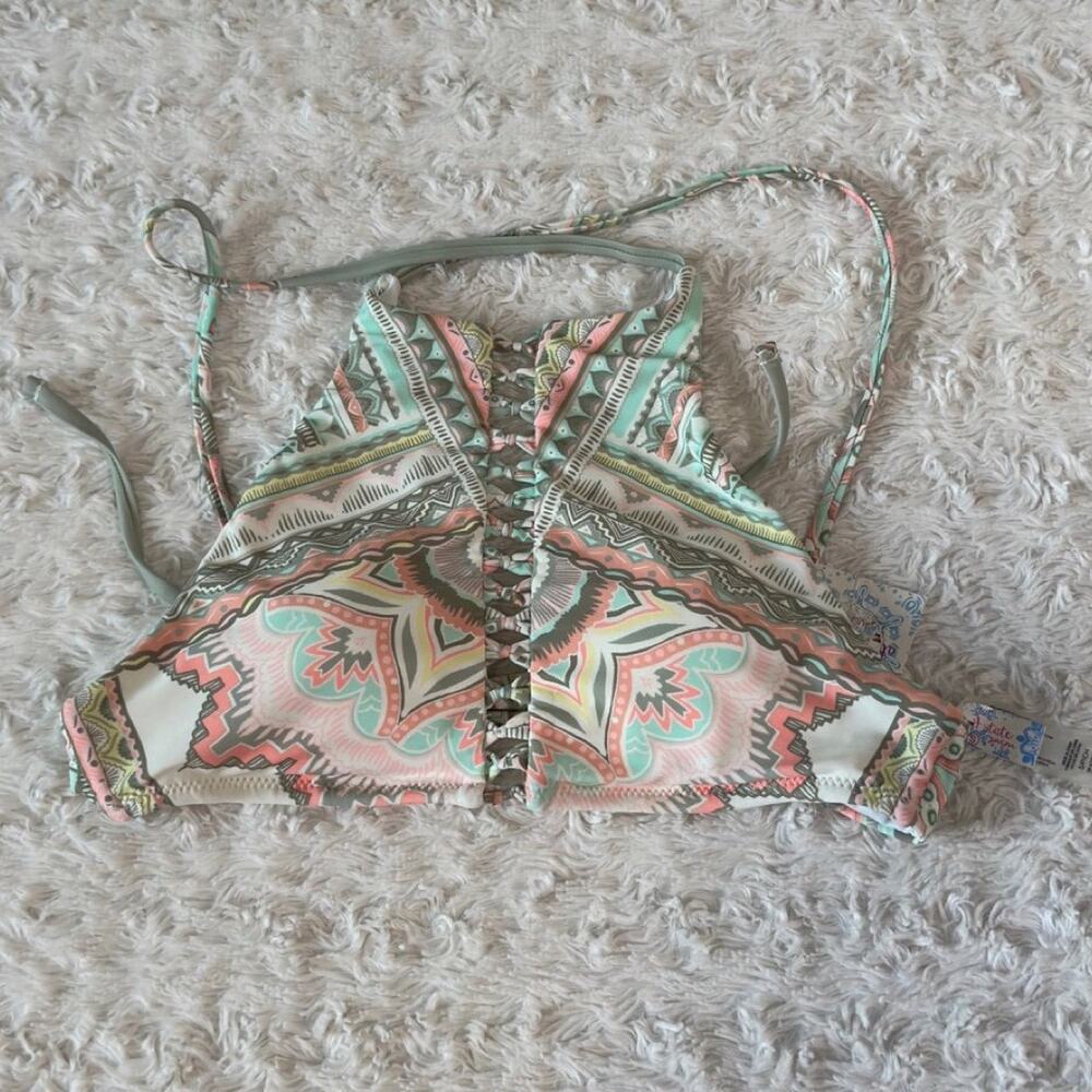 Altar’d State Abstract Print Padded Lace Up Halter Bikini Top - NWT!!